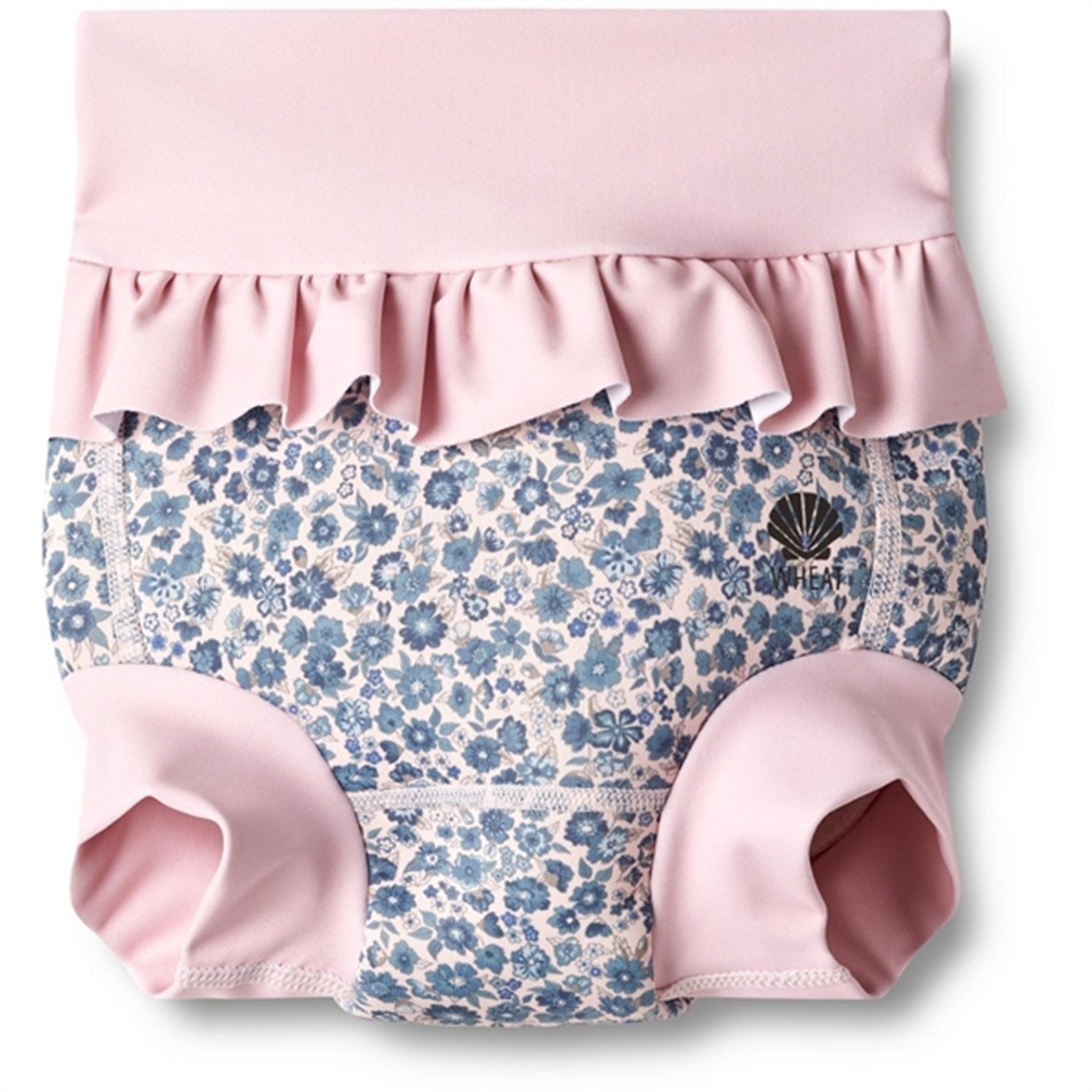 Wheat Blue Flower Meadow Neoprene Babybadebukser Ruffle - Str. L/1-2 år