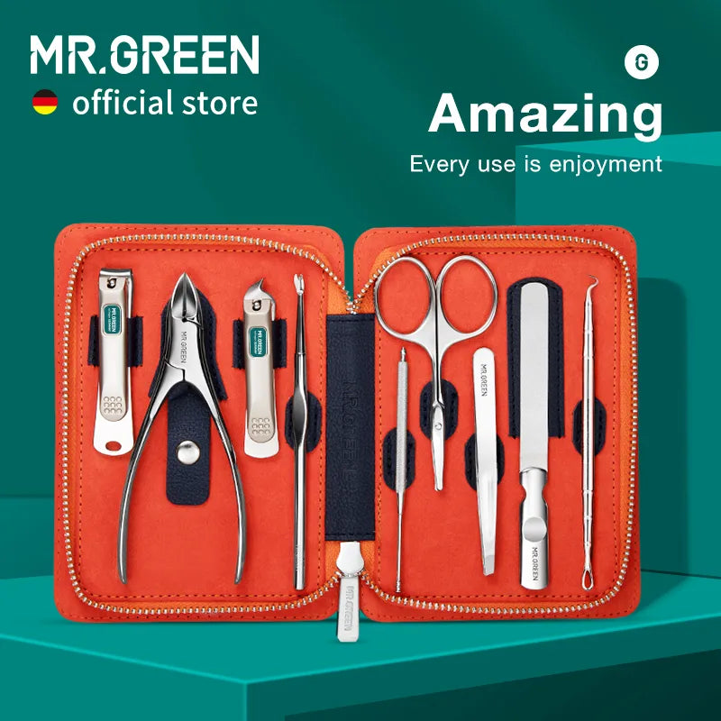 MR.GREEN Manicure Set 9in1 Practical Kit With Leather Case Stainless Steel Nail Clippers Personal Care Tool
