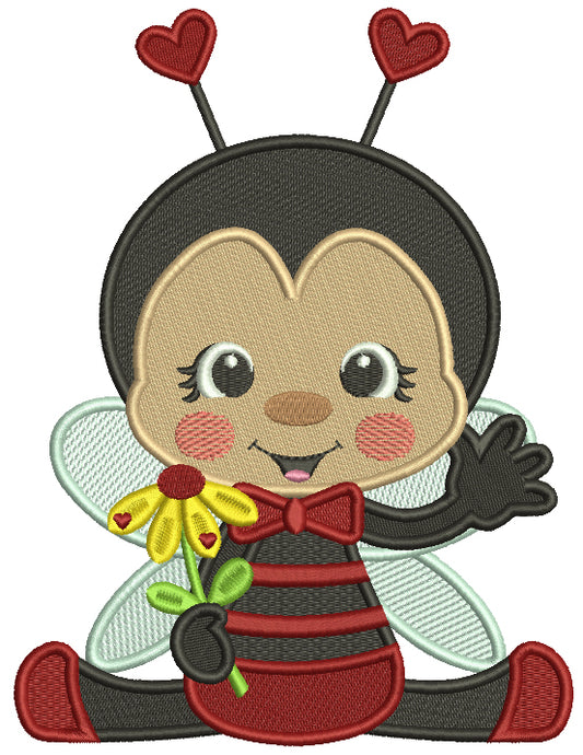 Flower with Ladybug Applique Machine Embroidery, Sweet Stitch Design