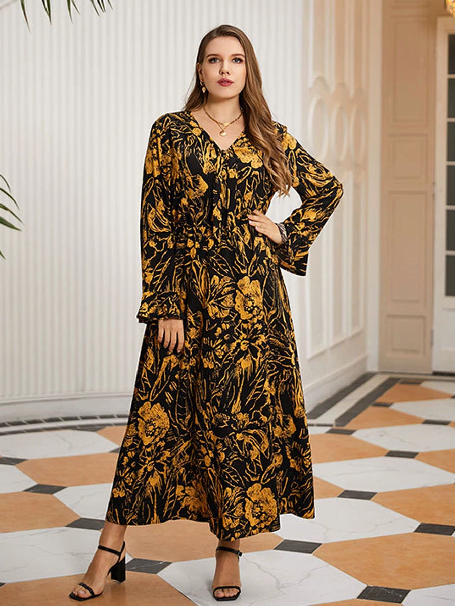 Plus Size Women Summer Casual Loose Print V-neck Party Dress