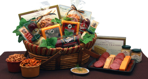 Blog Image The Ultimate Guide to Choosing the Perfect Gift Baskets for Christmas with meat and cheese arranged in a bamboo basket with red trim