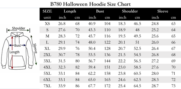 B780 Halloween Hoodie Size Chart
