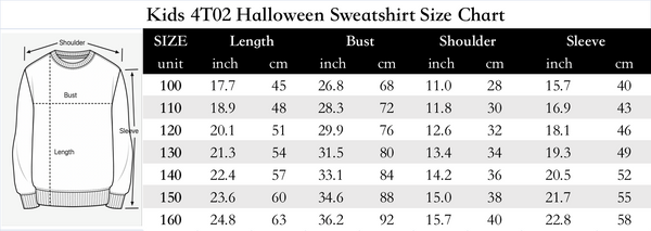 Kids Halloween Sweatshirt Size Chart