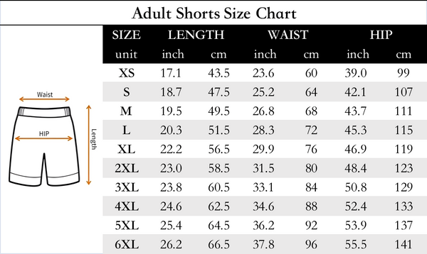 adult shorts size chart