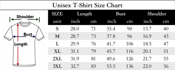 unisex t shirt size chart