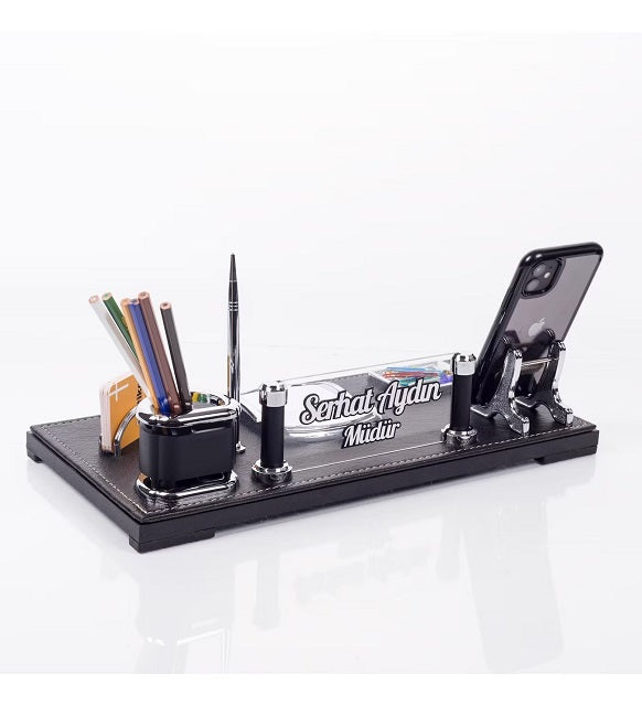 Customizable Table Nameplate | Embossed Lettering Leather Office Desktop Nameplate Set