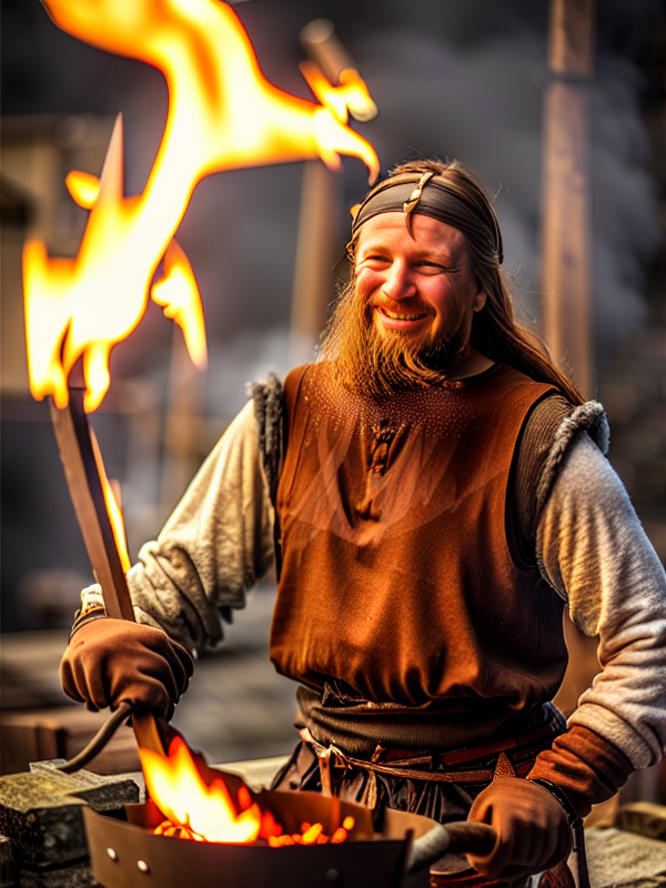 Viking Man in Workshop with Fire and Smoke