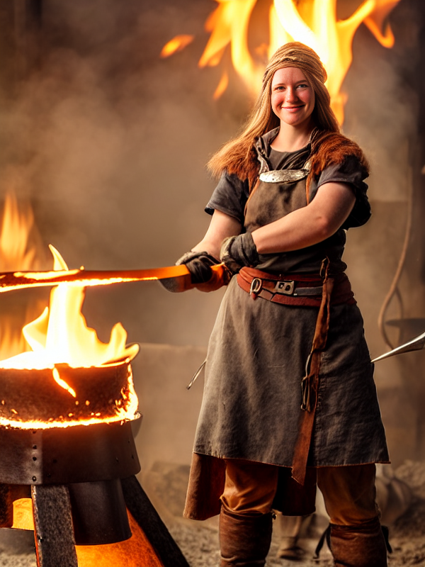 Viking woman working in workshop with fire and smoke