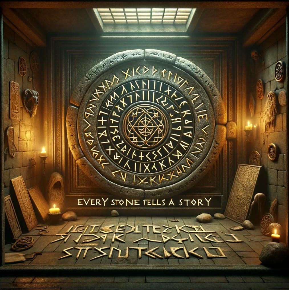 Illustration of a circular vault graced with Elder Futhark runes, alongside the motto 'Every stone tells a story,' epitomising the deep-seated history and stories imbued in each ghost ornament.