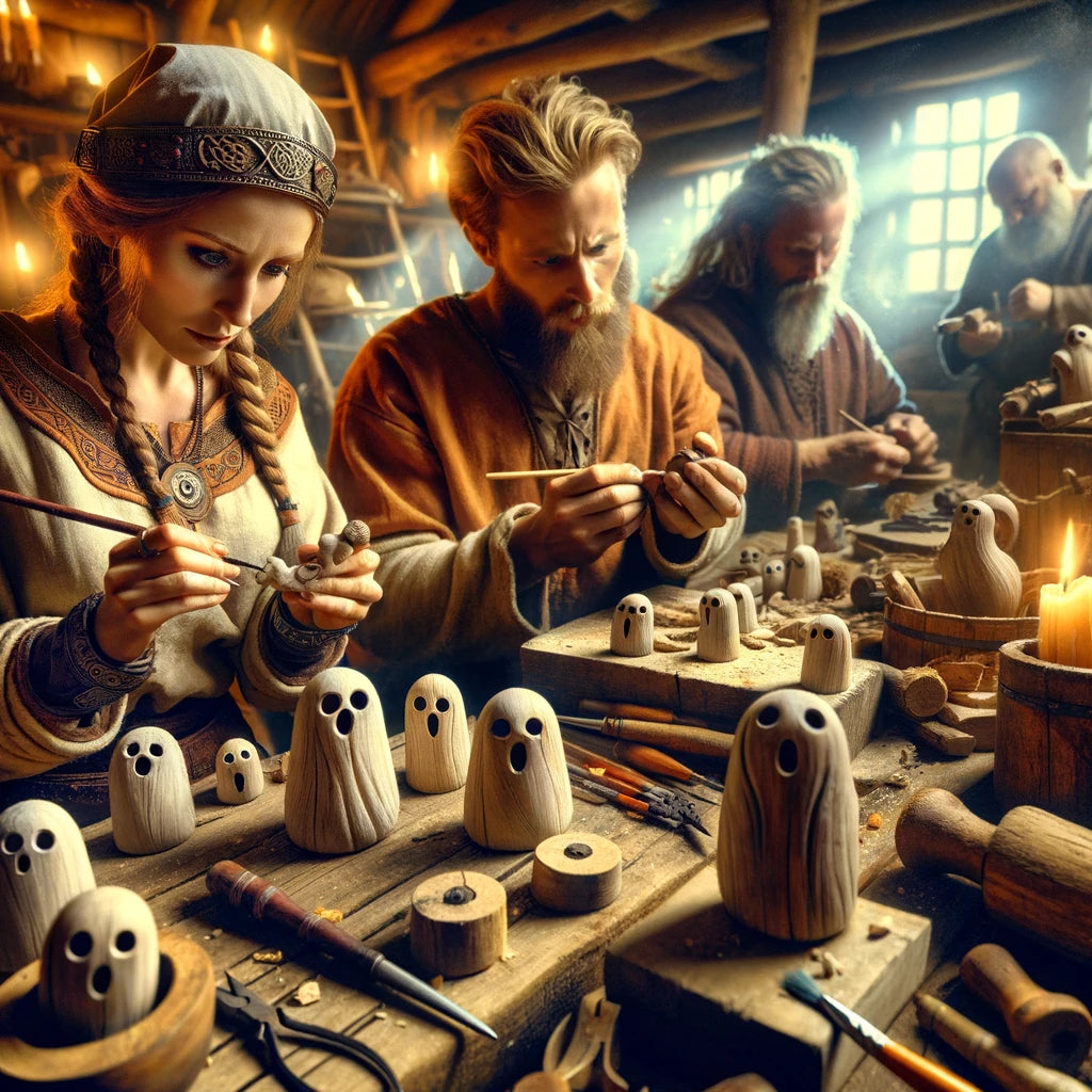 Evocative portrayal of Vikings meticulously handcrafting ghost ornaments, echoing the revival of age-old craftsmanship and traditions within their realm.