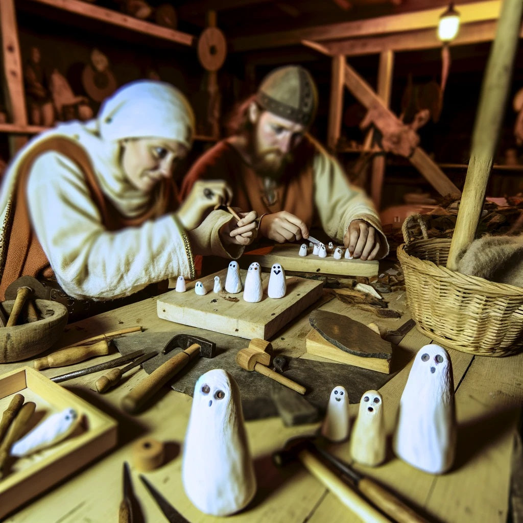 Photo portraying Vikings as they engage in the detailed creation of ghost ornaments in the workshop, reviving ancient traditions and craftsmanship.