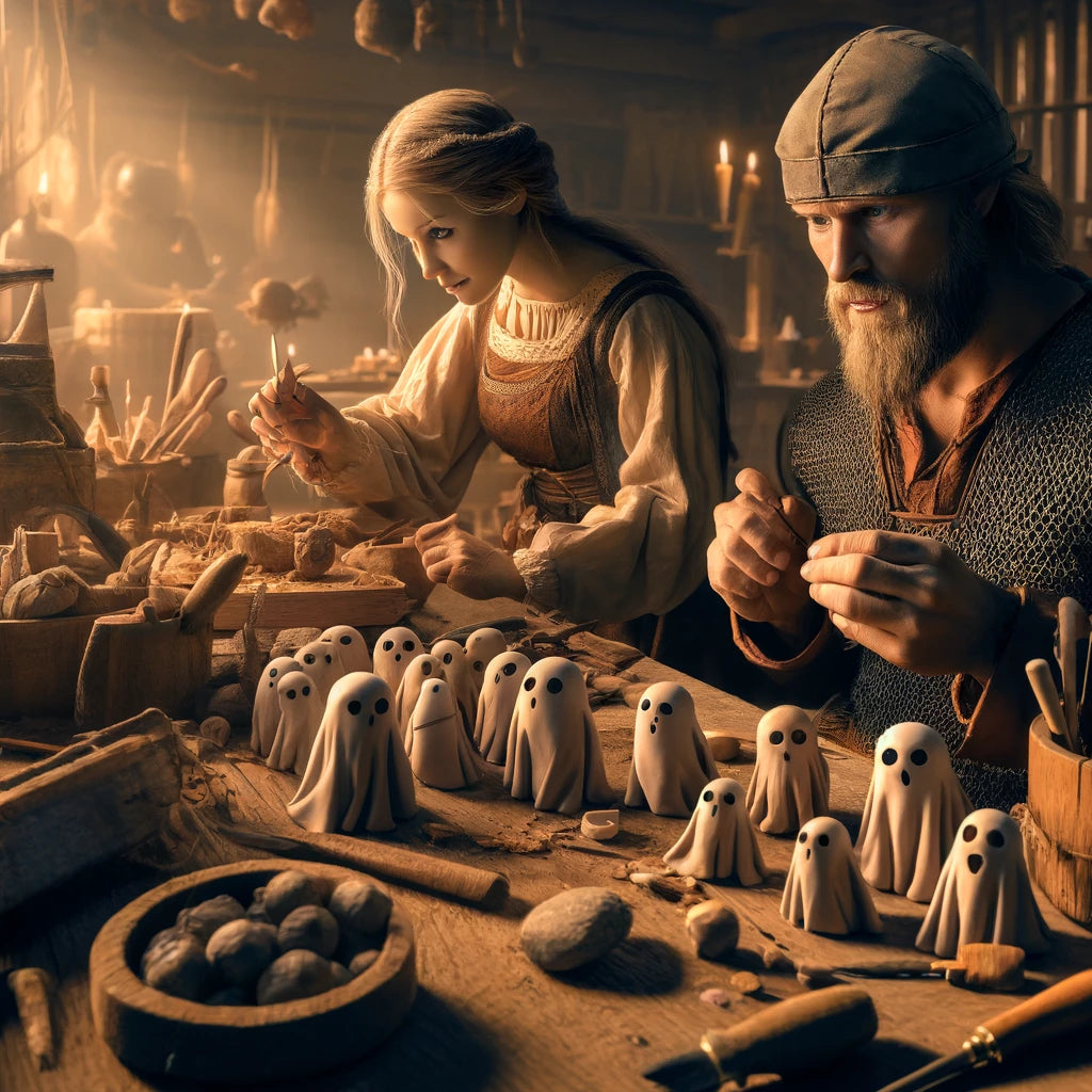 A scene illustrating Vikings dedicated to the craft of creating ghost ornaments, reviving age-old skills and traditions within their domain.
