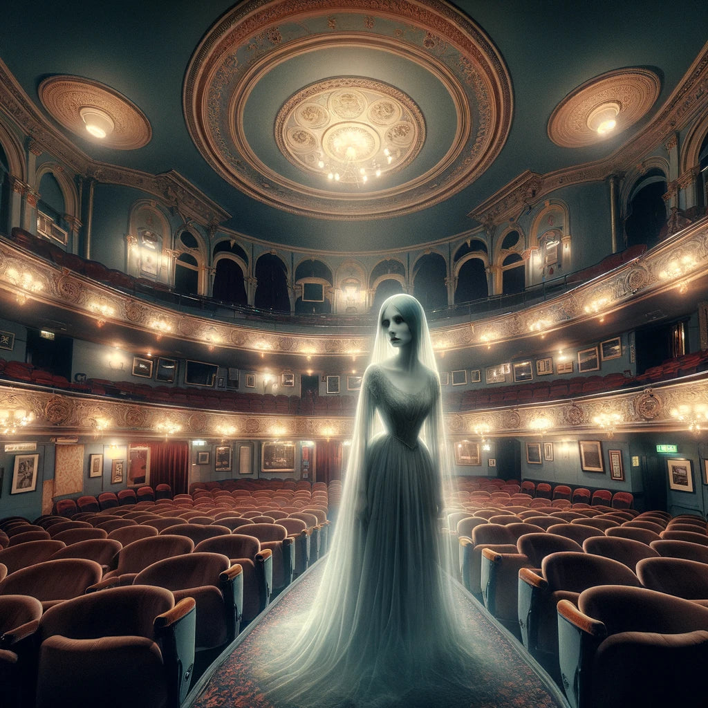 Ethereal figure of the Grey Lady haunting the Theatre Royal in York, draped in a flowing grey gown. She appears in a serene yet melancholic pose amidst the opulent and dimly lit interior of the theatre, her presence casting a gentle glow in the surrounding velvet darkness, evoking a timeless tale of love and redemption.