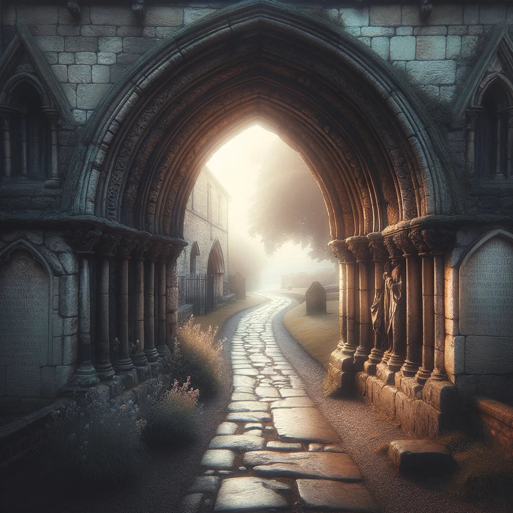 Serene and contemplative view of the Bedern archway in York, symbolizing the tragic history of plague victims with subtle ethereal lights suggesting the presence of lost souls. The scene is enveloped in a gentle dawn light, highlighting the historic path and the resilience of the community through time.