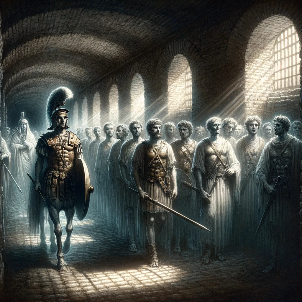 Ghostly apparitions of Roman legionnaires marching through the cellar of the Treasurer's House in York, illuminated by ethereal light, with a spectral horse and rider leading the procession, embodying the city's ancient and haunted history.