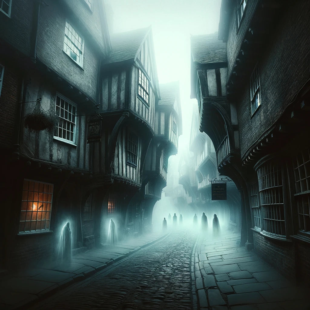 Misty morning in The Shambles, York, with ethereal silhouettes hinting at ghostly figures among the ancient, timber-framed buildings. The narrow, cobbled street is shrouded in fog, creating a mysterious atmosphere where the whispers of the past seem to echo off the walls, inviting passersby into its centuries-old tales.