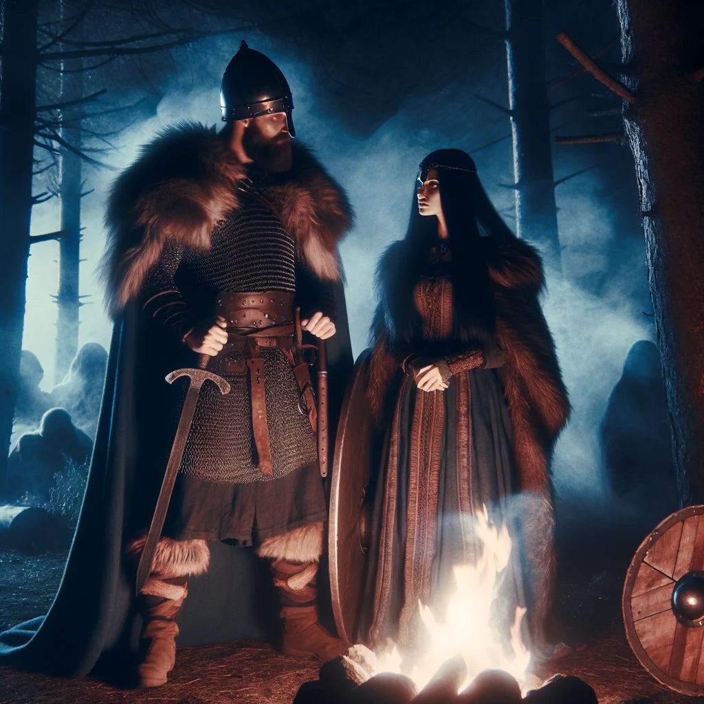 Image of a male and female Viking in a dark, eerie forest setting.