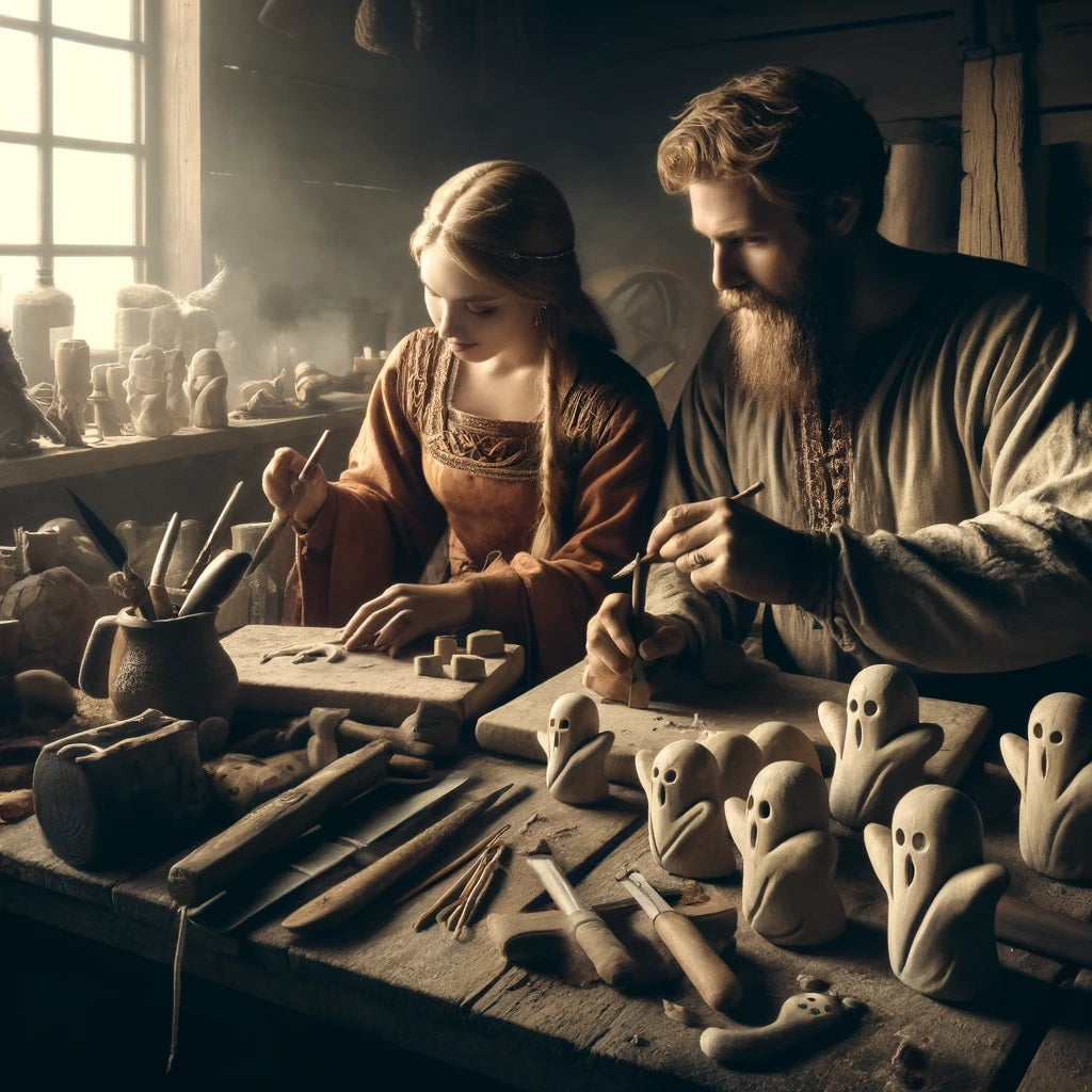 Depiction of Vikings meticulously sculpting ghost figures, revitalizing ancient techniques and traditions within their workshop.