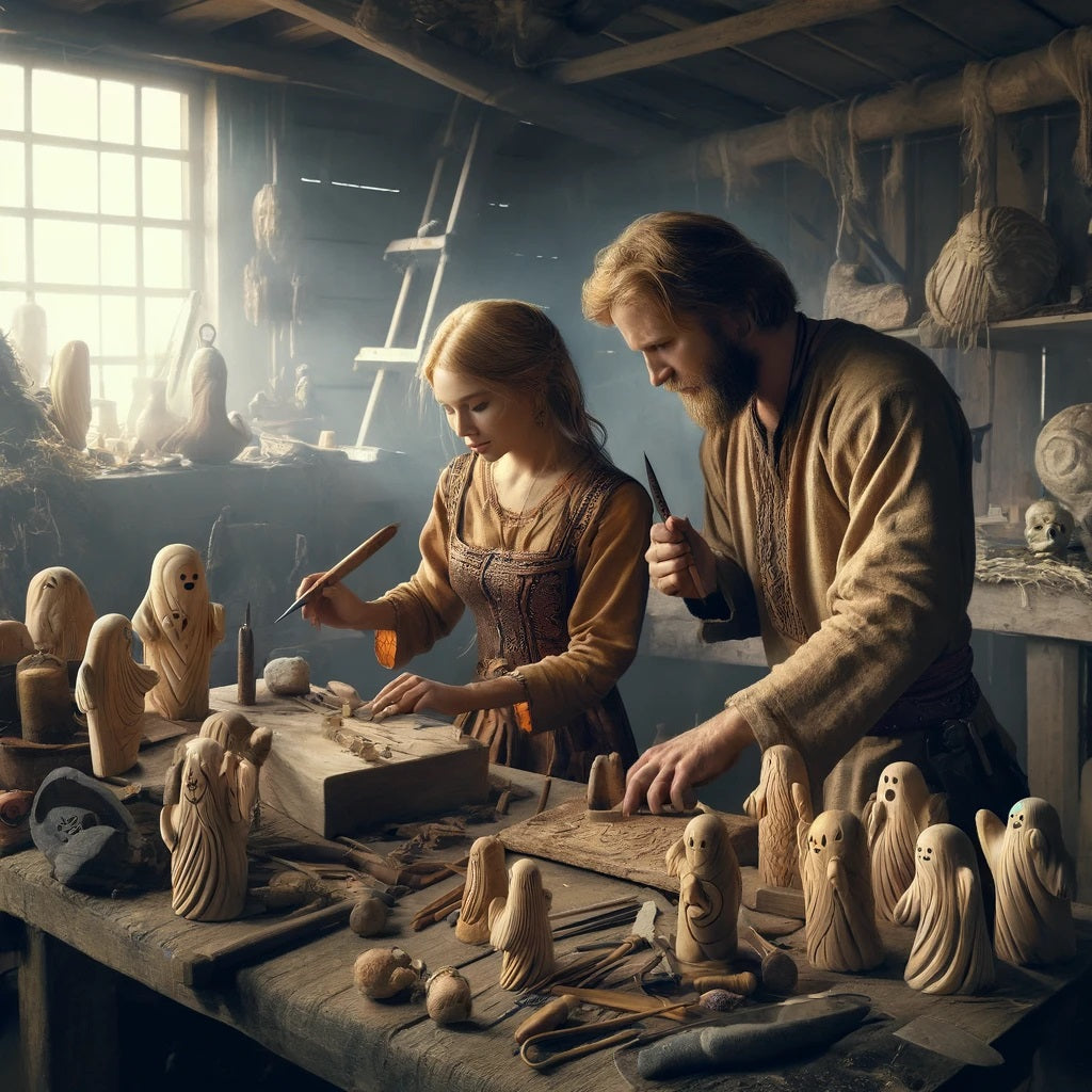 Vikings crafting ghost ornaments, demonstrating ancient skills in their workshop.