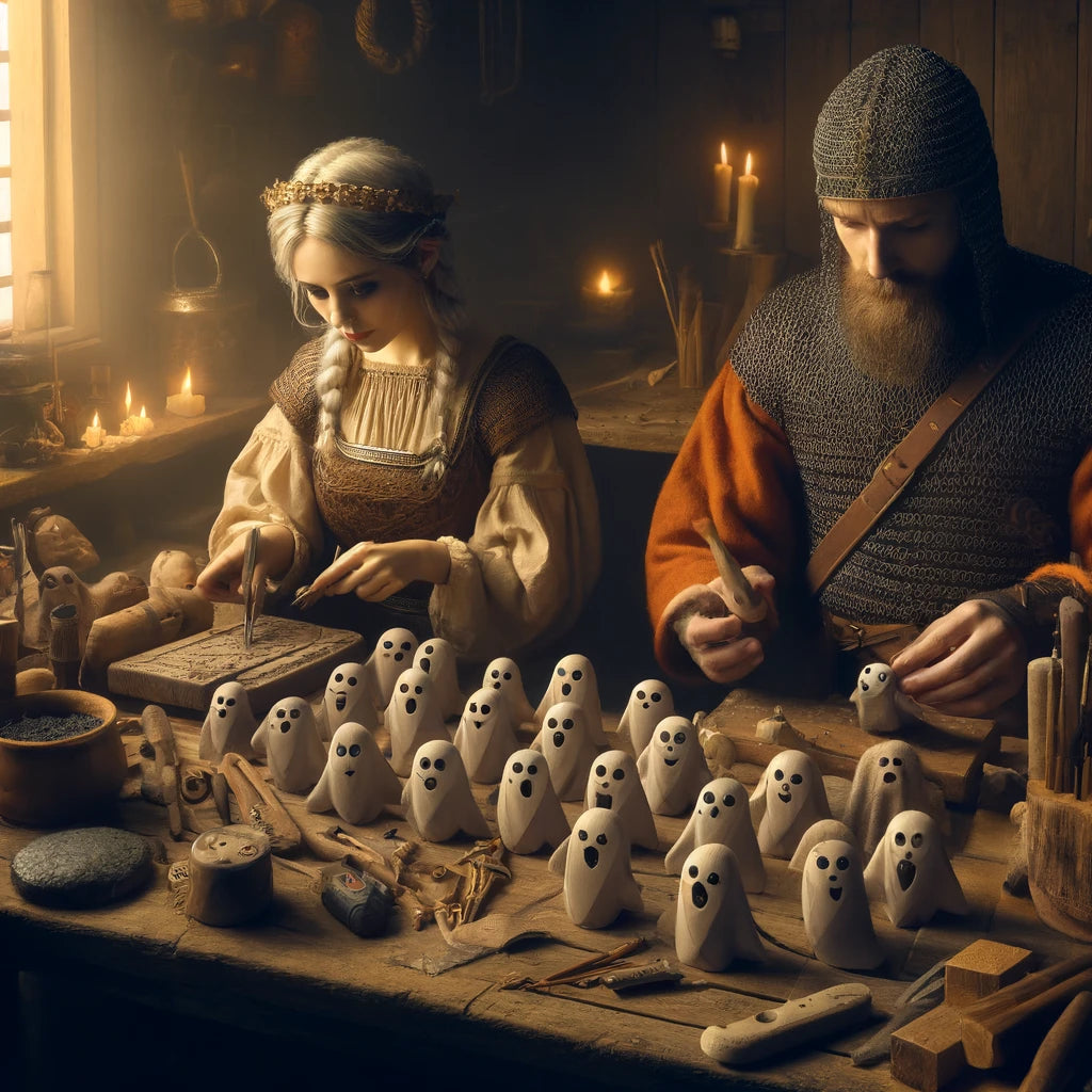 Vivid scene of Vikings intricately fashioning ghost ornaments, showcasing the revival of ancient skills and traditions within their workshop.