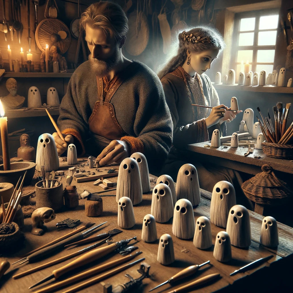 Vivid illustration of Vikings intricately etching ghost ornaments, reviving the age-old artisanship and traditions within their workshop.