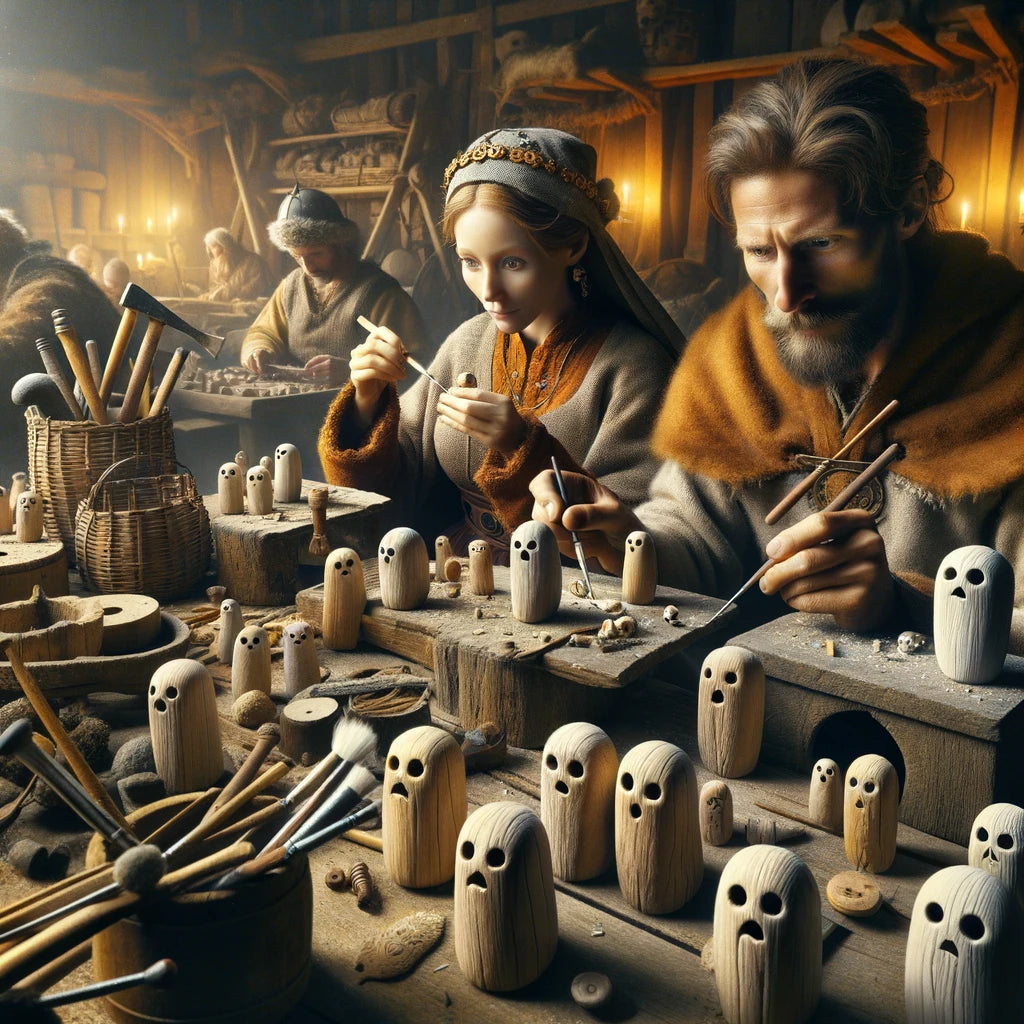 A detailed depiction of Vikings diligently crafting ghost ornaments, reviving the ancient craftsmanship and traditions within their domain.