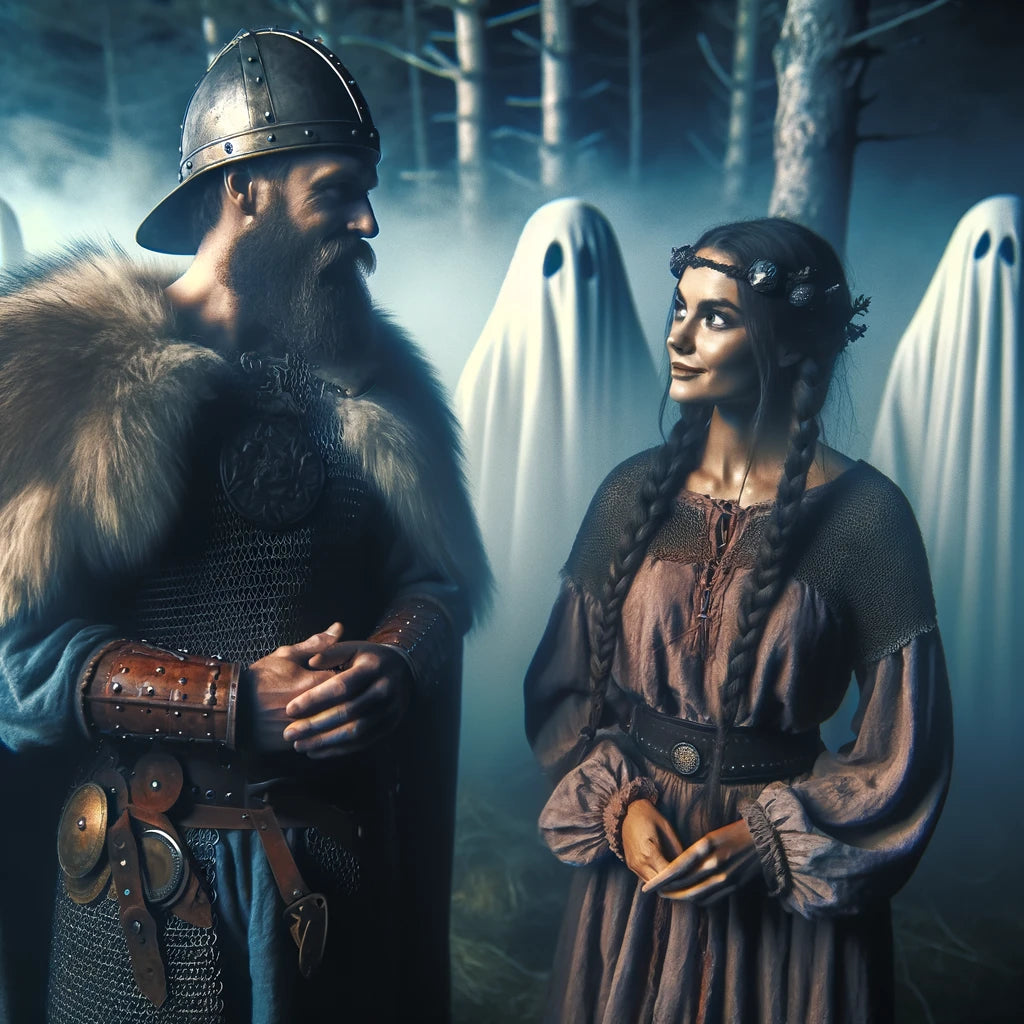 A digital illustration depicting a male and a female Viking conversing in a spooky, forested twilight setting.
