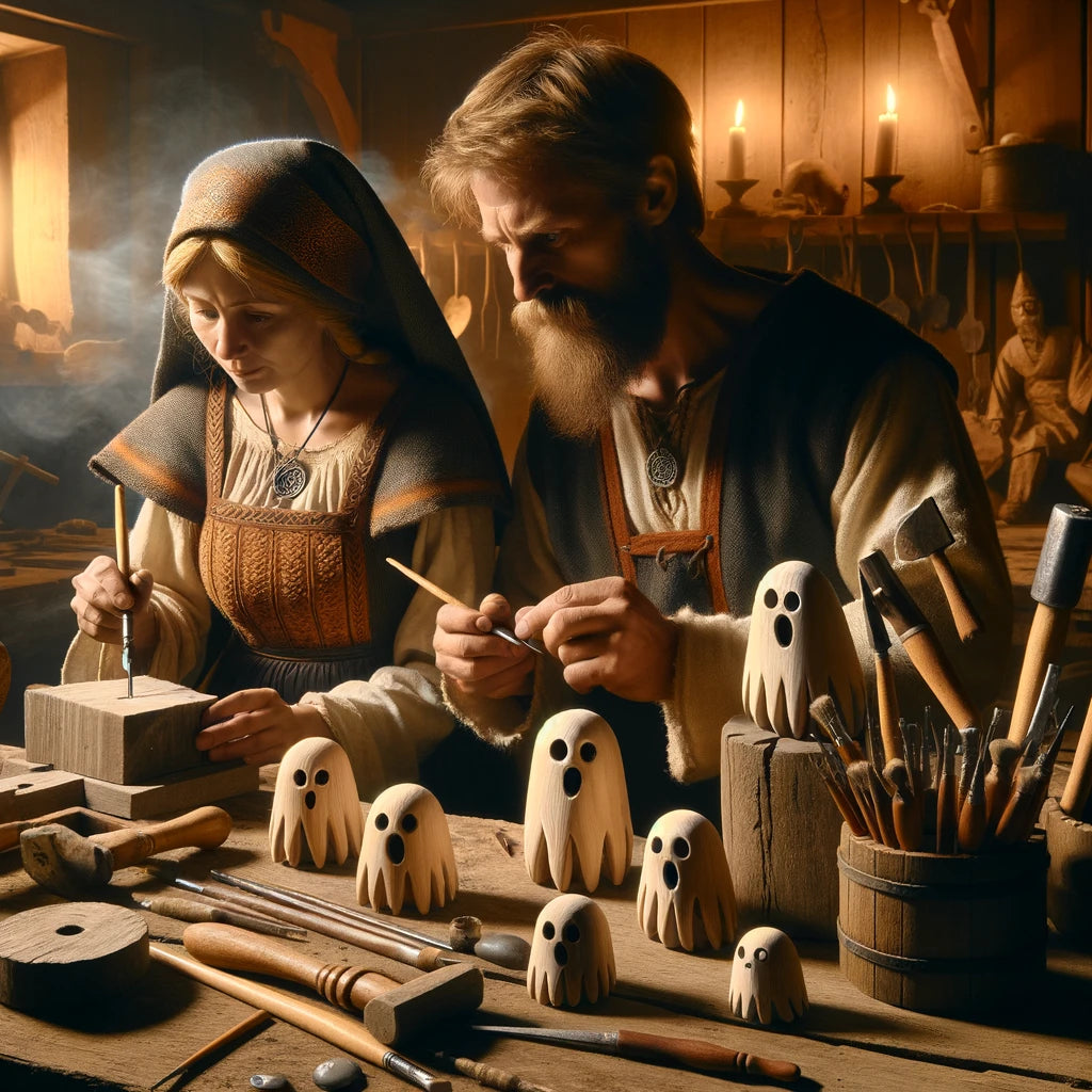 Snapshot showing Vikings in the intricate process of making ghost ornaments in their workshop, reviving age-old craftsmanship.