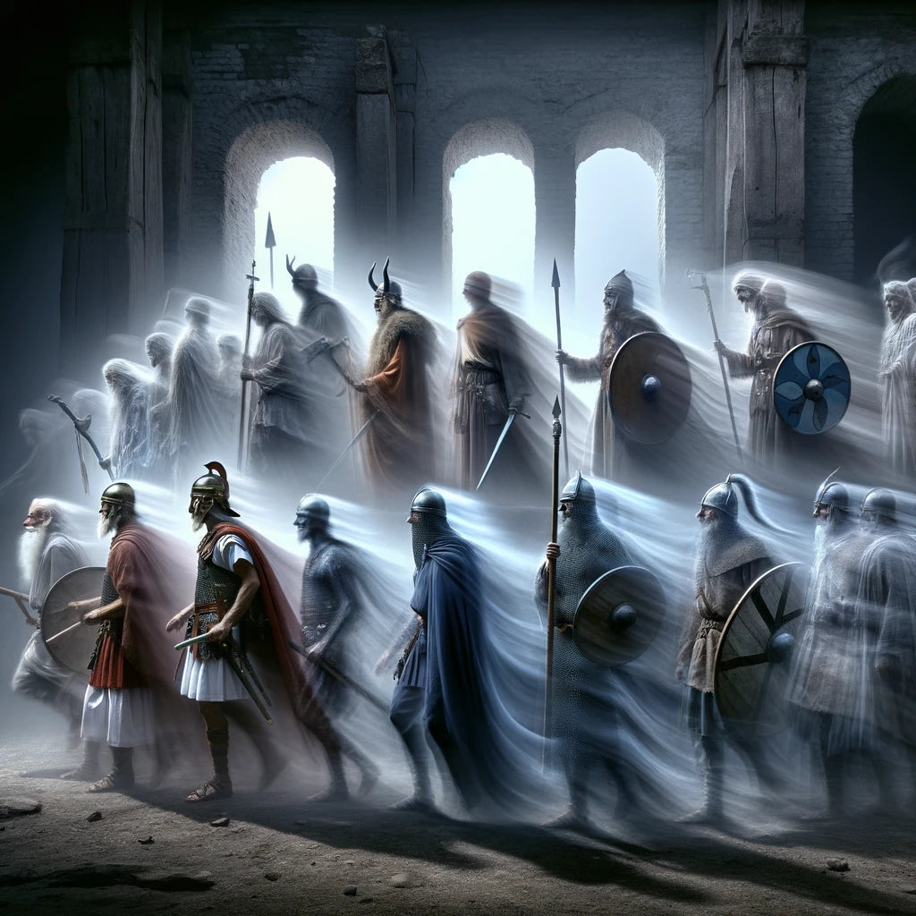 A visual timelapse of Romans, Vikings, and Normans, portrayed in a ghostly manner to symbolise the passage of time across these historical eras. Spectral figures of soldiers, warriors, and knights phase in and out, their forms blending and overlapping in a silent dance that transcends time, set against an atmospheric backdrop that evokes the depth and mystery of the ages they dominated.