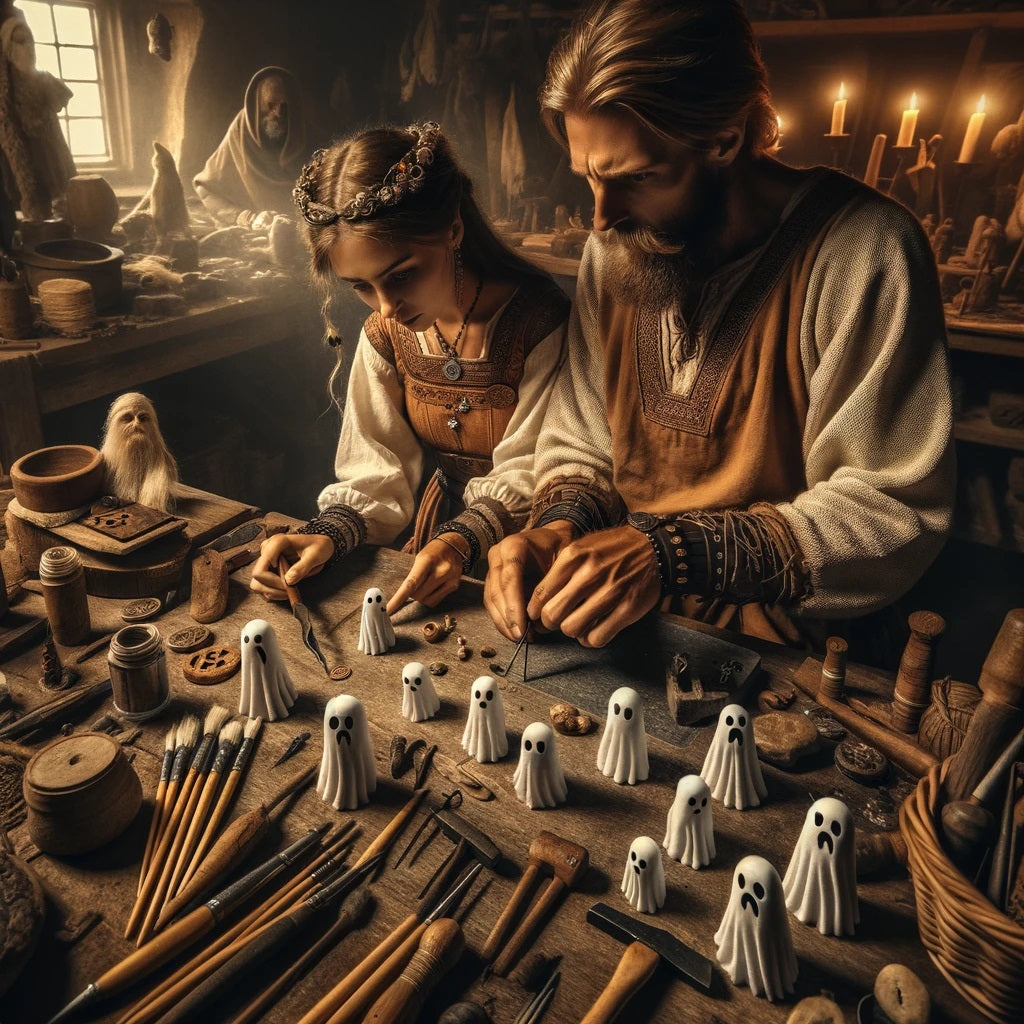 Artful representation of Vikings diligently crafting ghost figurines, renewing age-old skills and traditions in their atelier.