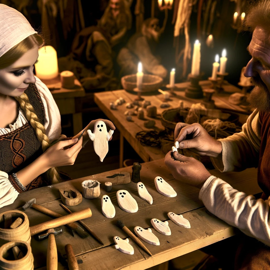 Snapshot depicting Vikings meticulously fashioning ghost ornaments in the workshop.