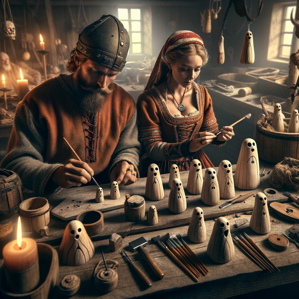 An insightful scene of Vikings dedicating themselves to the creation of ghost ornaments, reviving the ancient artistry and traditions within their workshop.