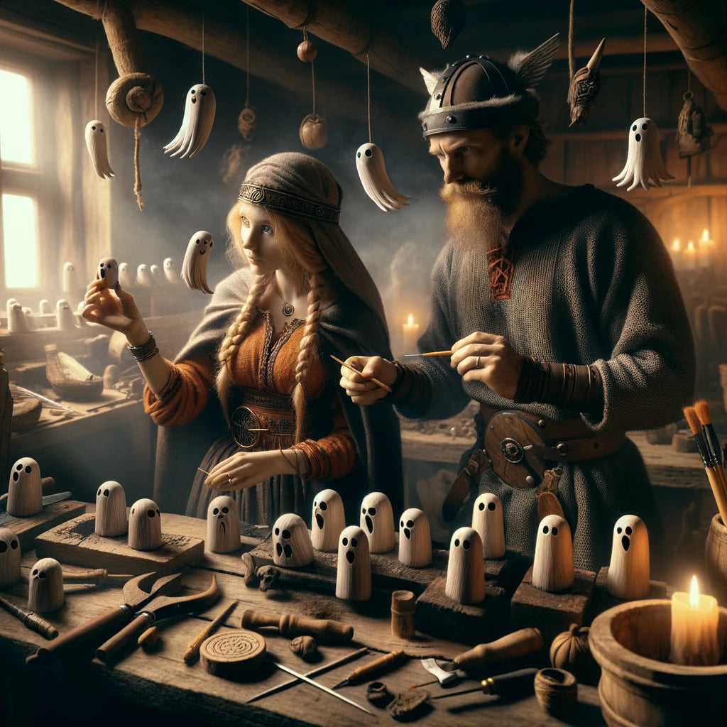 Imagery of Vikings diligently sculpting ghost figures, heralding a renaissance of their ancestral artisanship in their studio.
