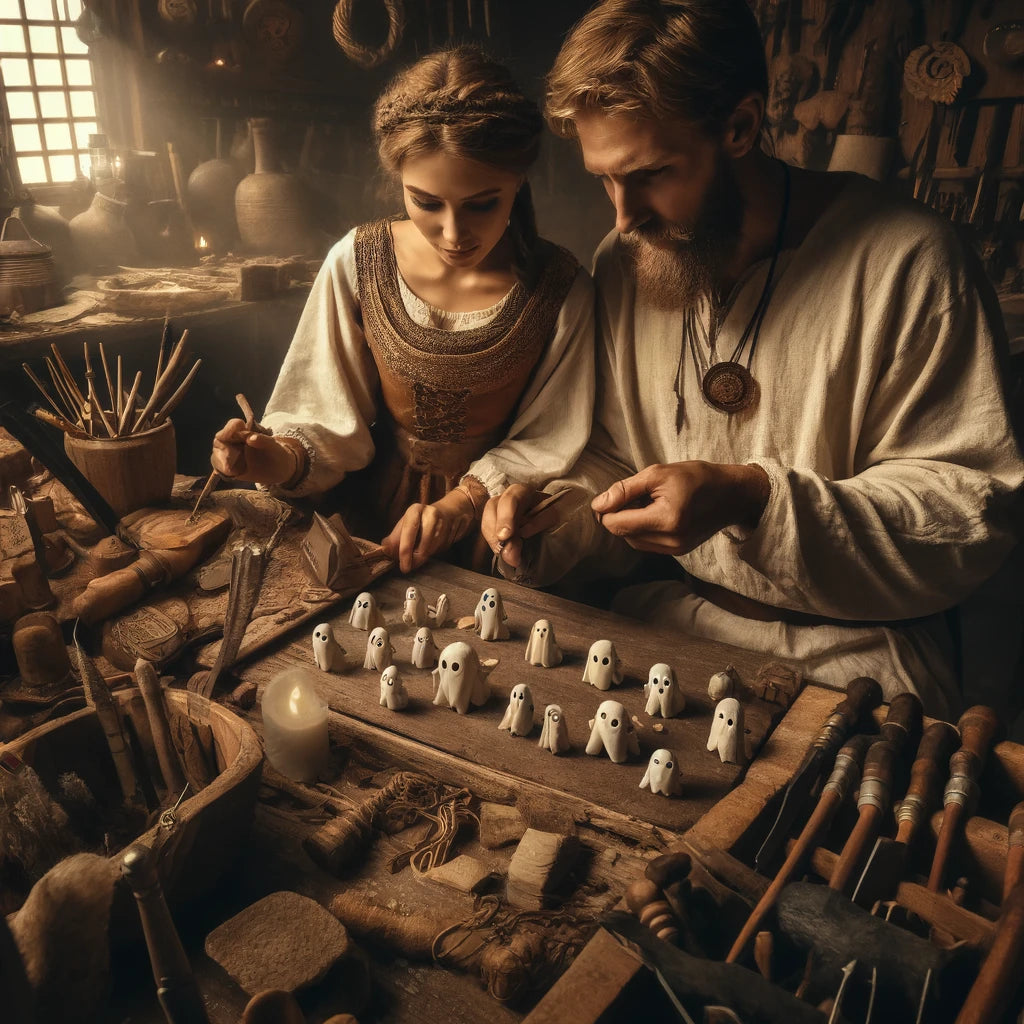 Vikings meticulously creating ghost figures within their workshop.