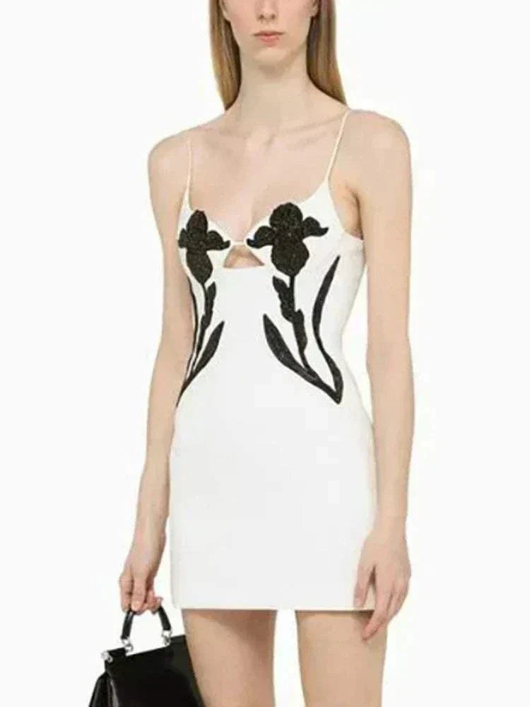 Sexy Spaghetti Strap Crystal Flower Bandage Sleeveless Diamonds Floral Mini Dress