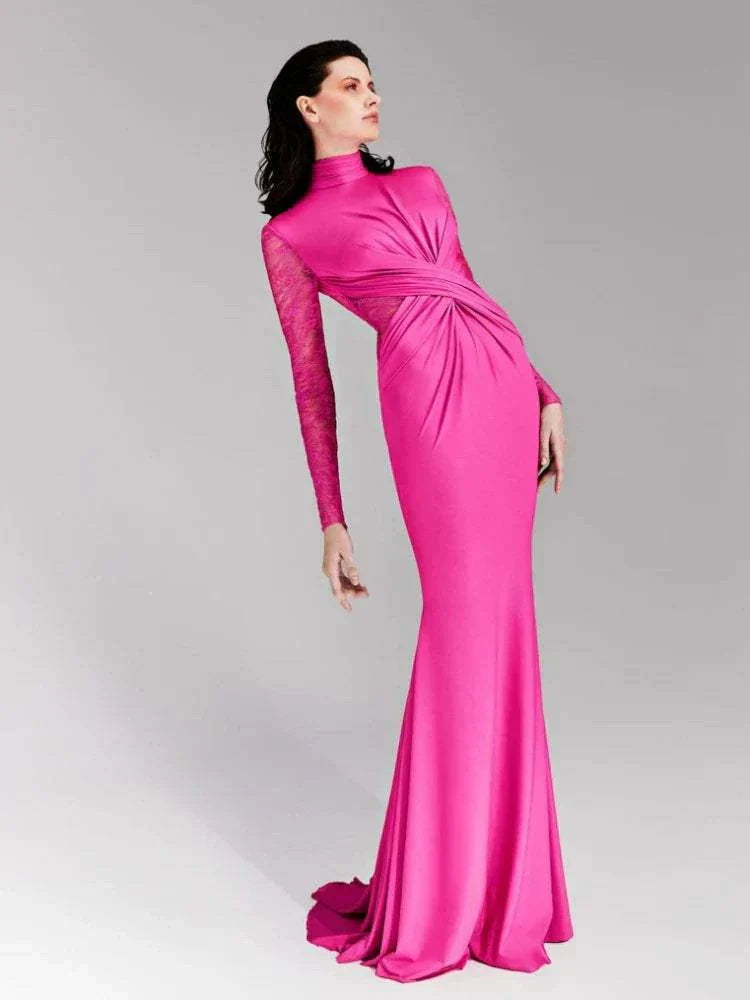 Elegant Turtleneck Long Sleeve Rose Red Pleated Slim Maxi Dress