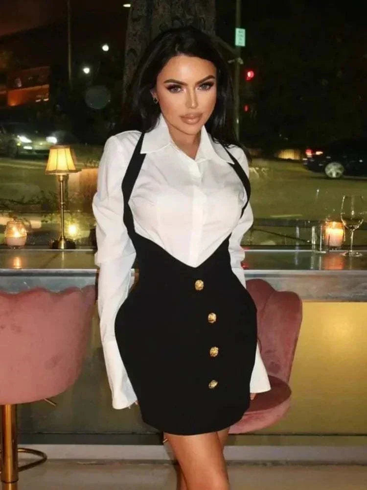 Two Piece Set Lapel Long Sleeve Shirts + High Waist Button Halter Dress Suits Elegant Outfit