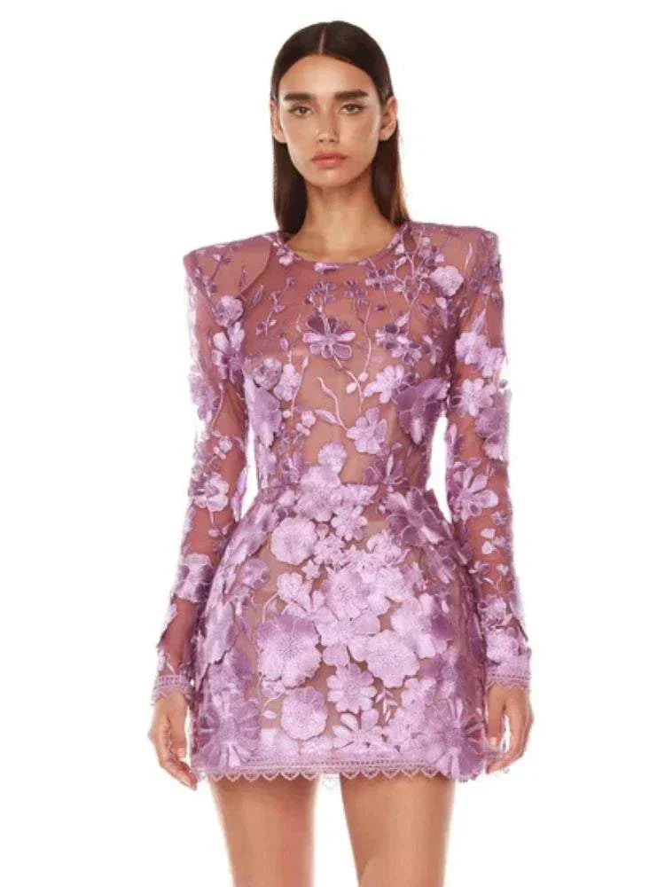 Elegant O Neck Long Sleeve Embroidered Flower Mini Dress