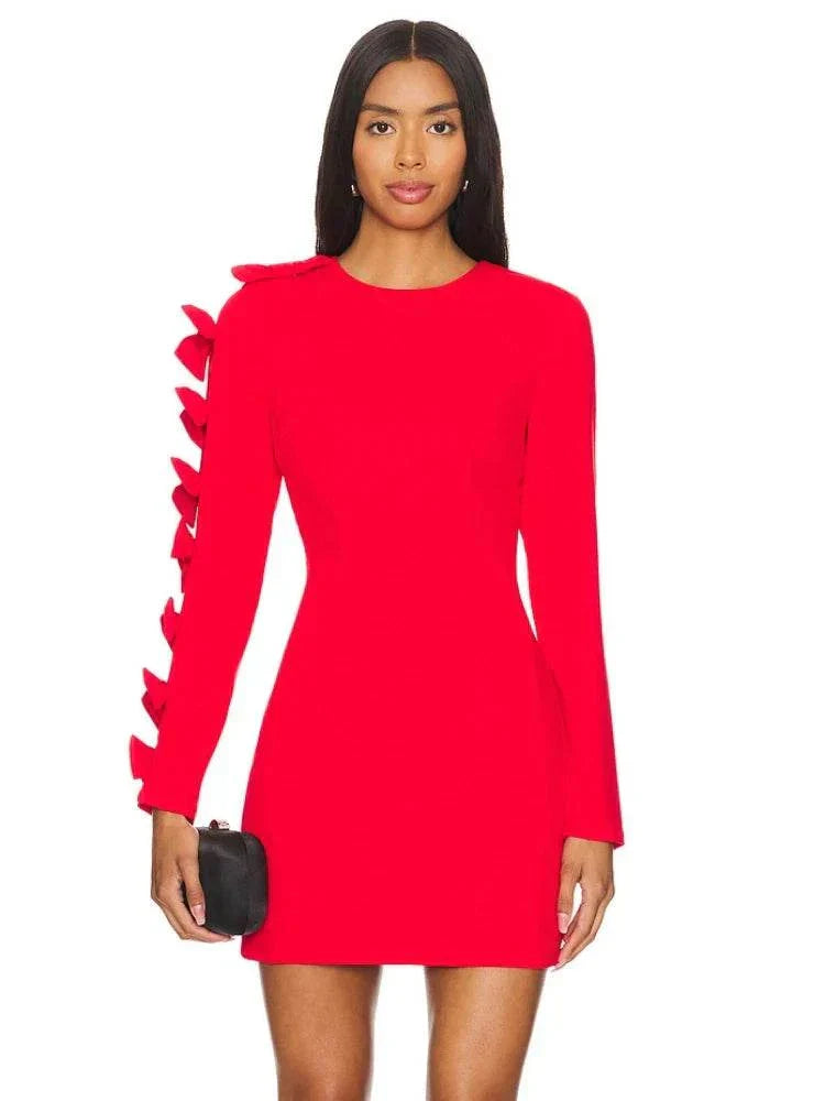 Sexy O Neck Long Sleeve Bow Mini Dress
