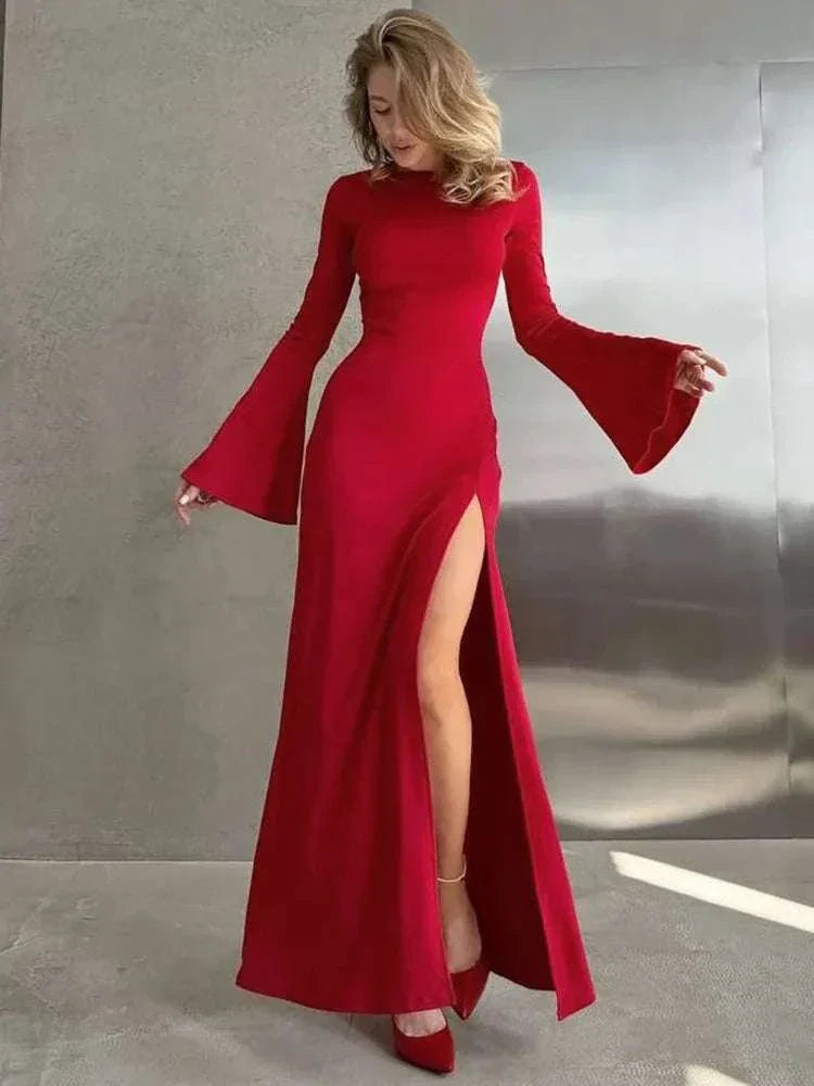 Long Sleeve Thigh High Split Sexy O Neck Slit High Waist Maxi Dress