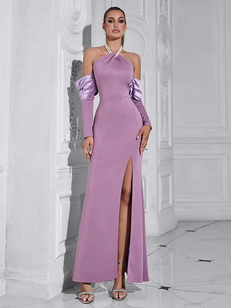 Elegant Pearl Halter Neck Backless Long Sleeves  Dress