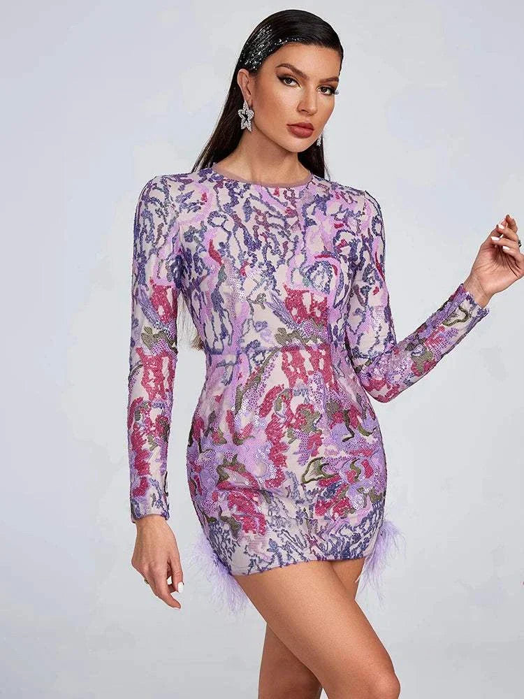 Sexy O Neck Embroidered Sequins Feather Purple Long Sleeves Mini Dress