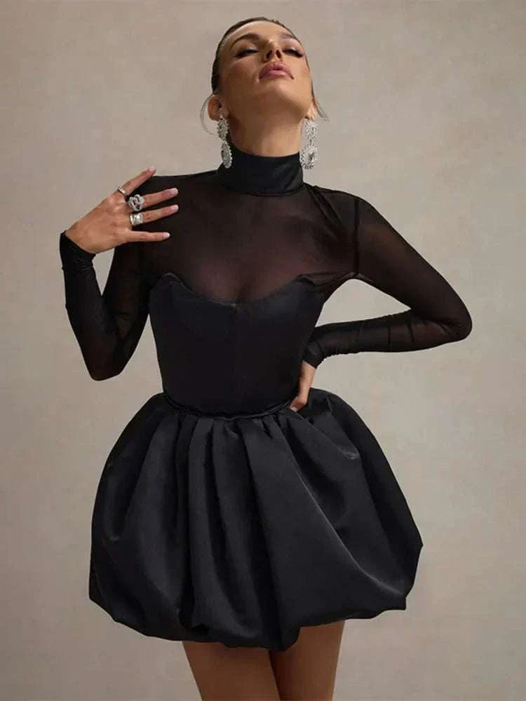 Turtleneck Sheer Long Sleeve Sexy Mini Dress