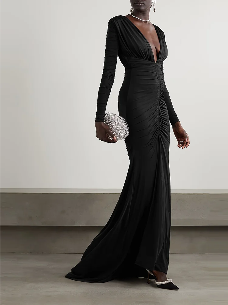 Elegant Deep V Neck Long Sleeve Ruched Folded Split  Slim Long Dress
