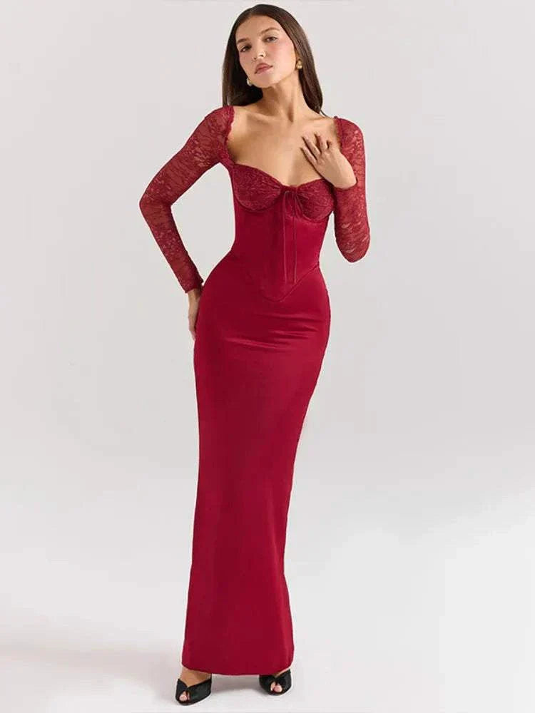 Lace Long Sleeve Sexy Square Collar Backless High Waist Bodycon Club Party Dress