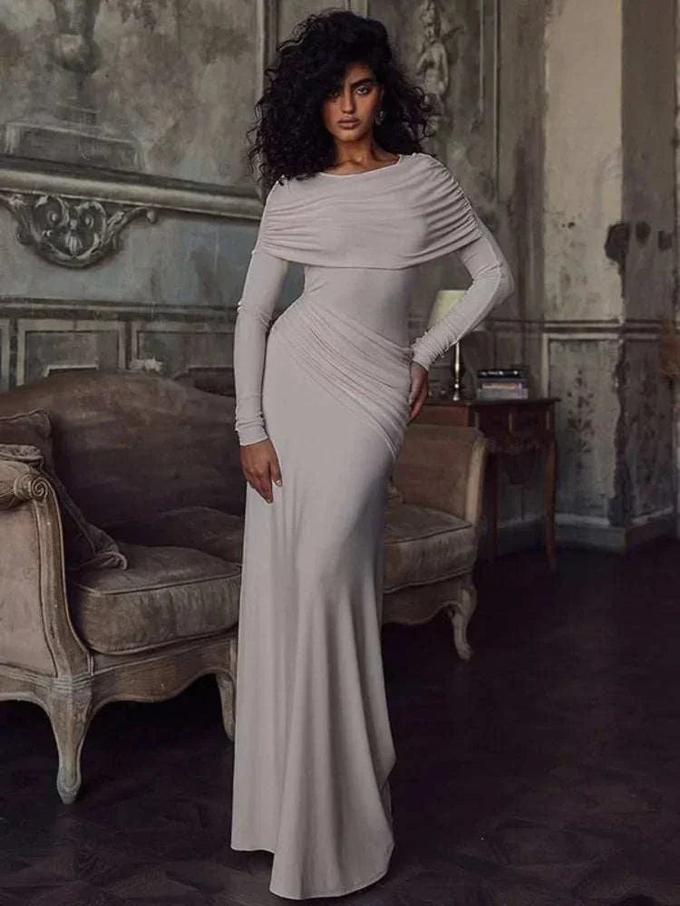 Long Sleeve Elegant Solid O Neck High Waist Bodycon Long Dress