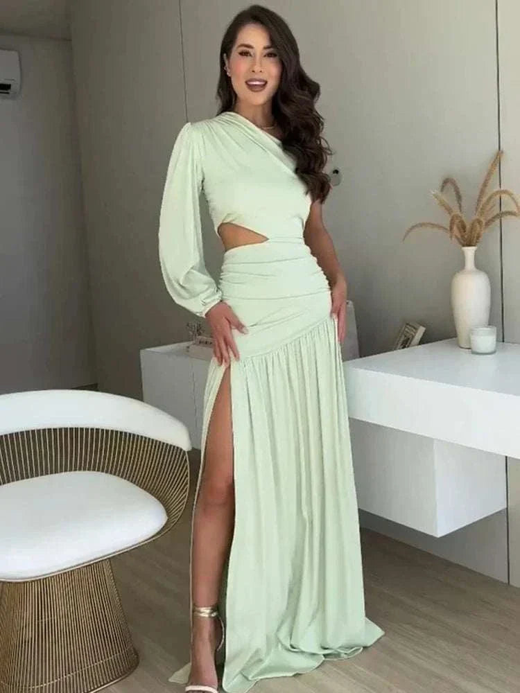 Elegant Slanted One Shoulder Cut Out Long Sleeve Ruched Pleat Maxi Dress