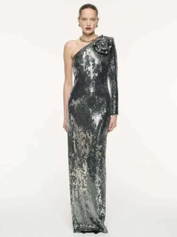 Elegant One Shoulder Sequins Sliver Long Sleeve Flower Sequin High Slit Slim Dress