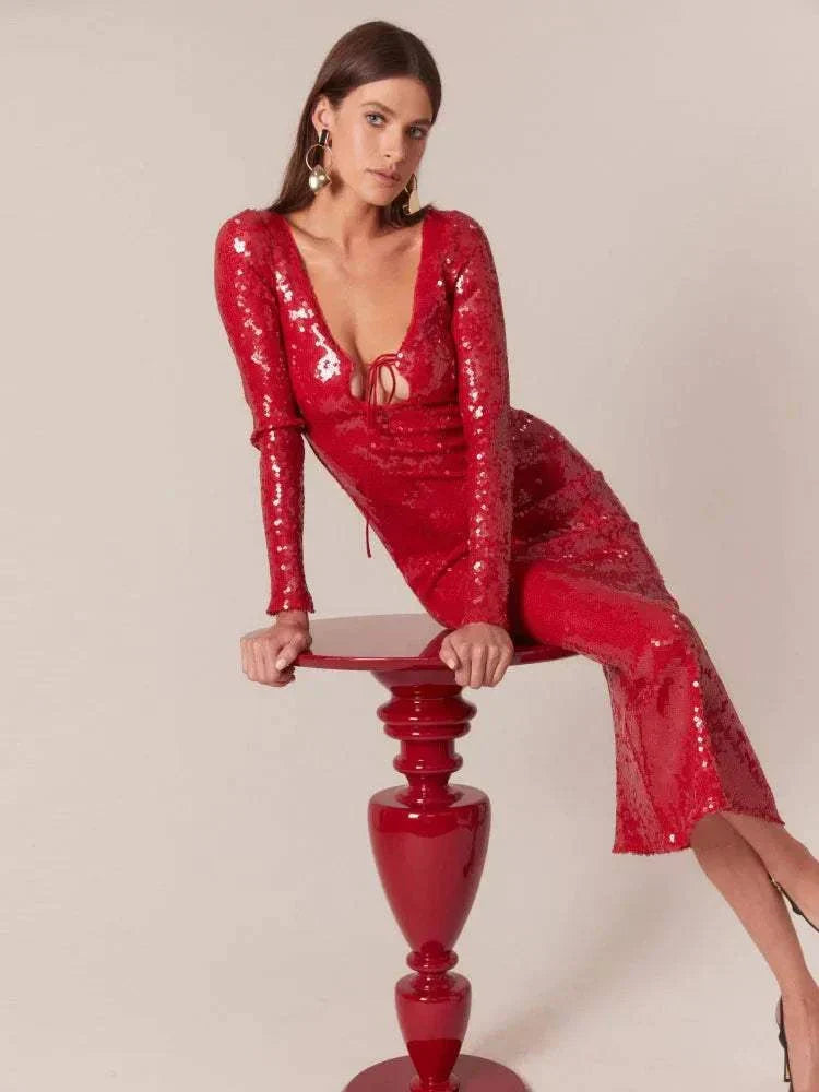 Sexy Hollow Out Backless Lace-up Long Sleeves Sequin Dress
