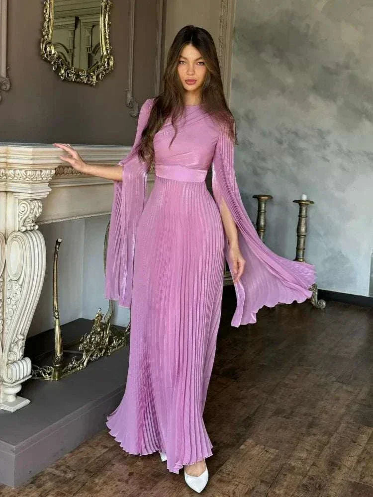 Elegant O Neck Batwing Sleeve Pleated  Long Sleeves Dress